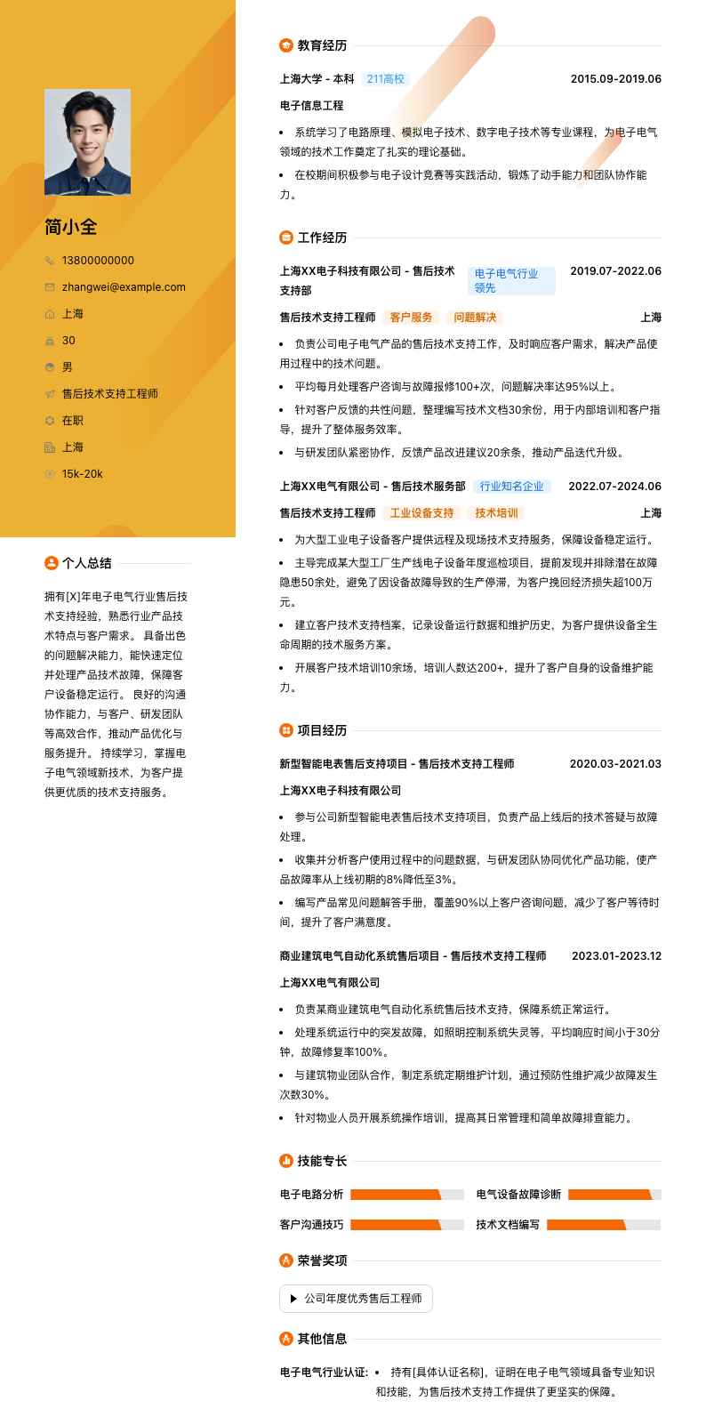 售后技术支持工程师简历模板