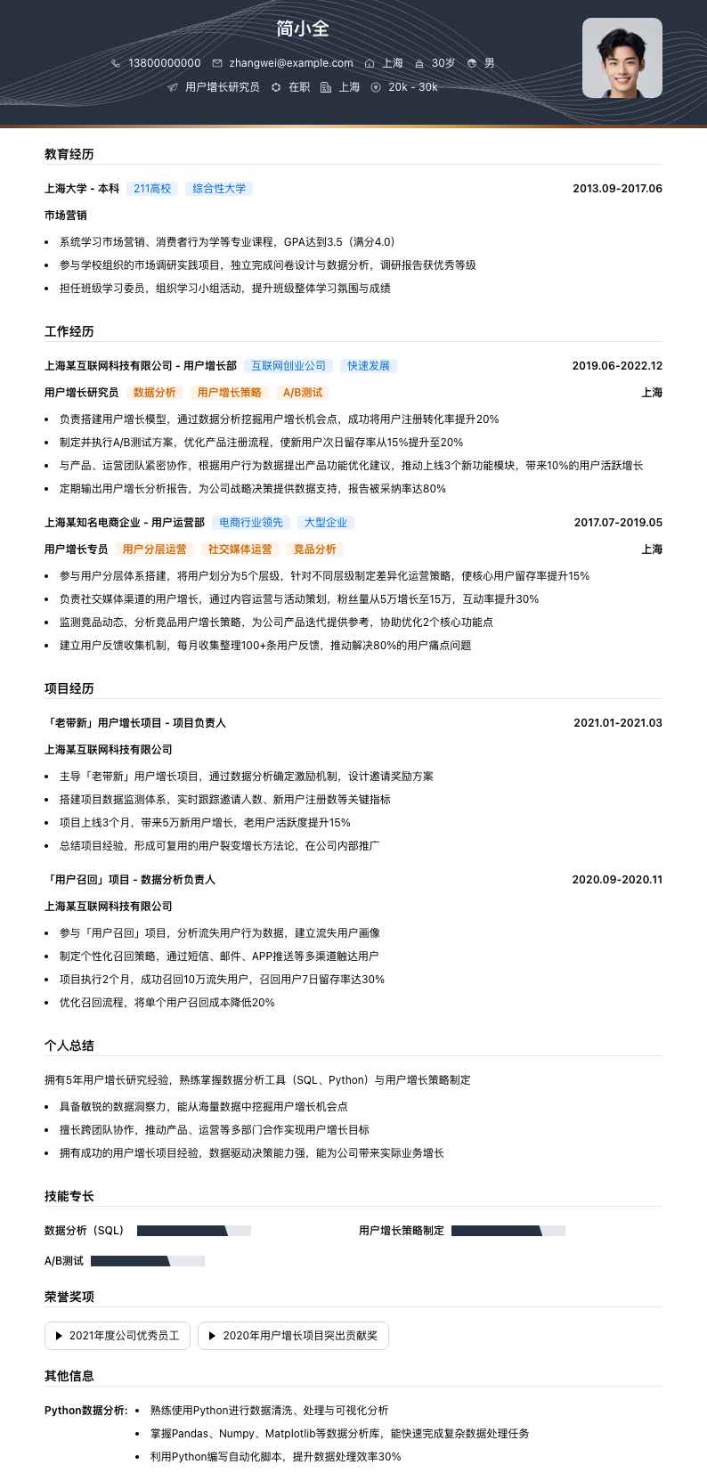 用户增长研究员简历模板