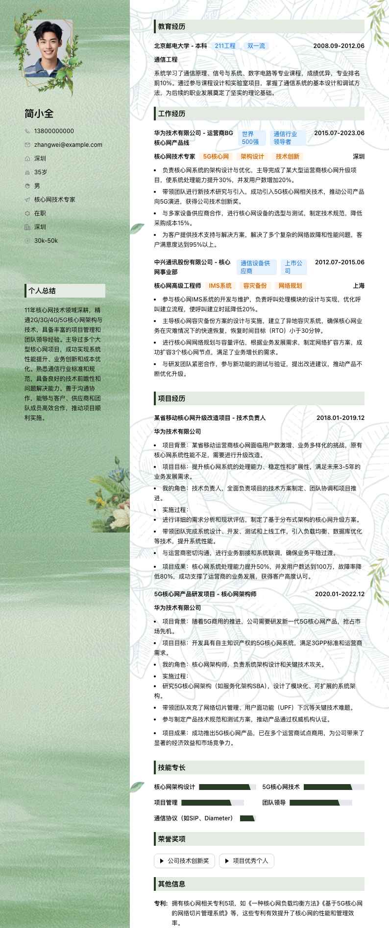 核心网技术专家简历模板