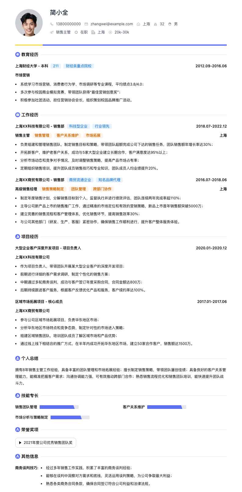 销售主管简历模板