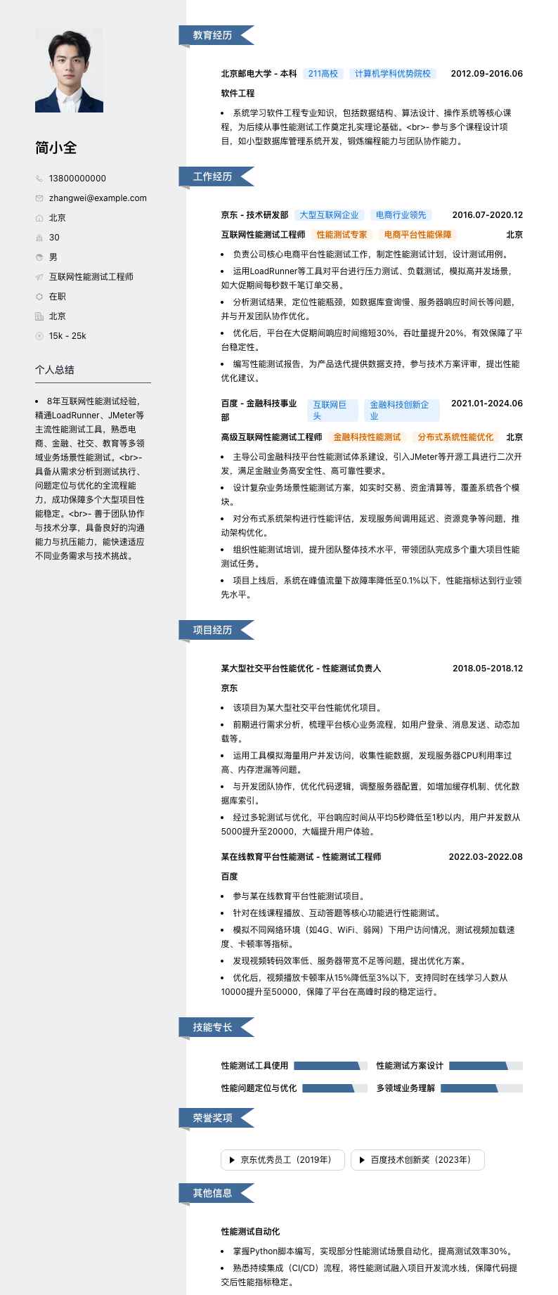 互联网性能测试工程师简历模板