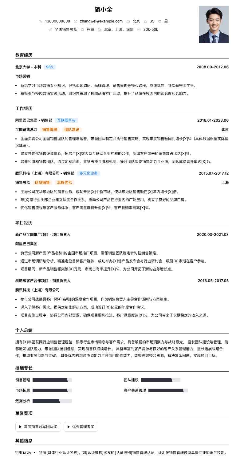 全国销售总监简历模板