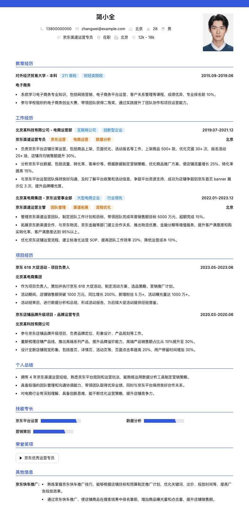 京东渠道运营专员简历模板