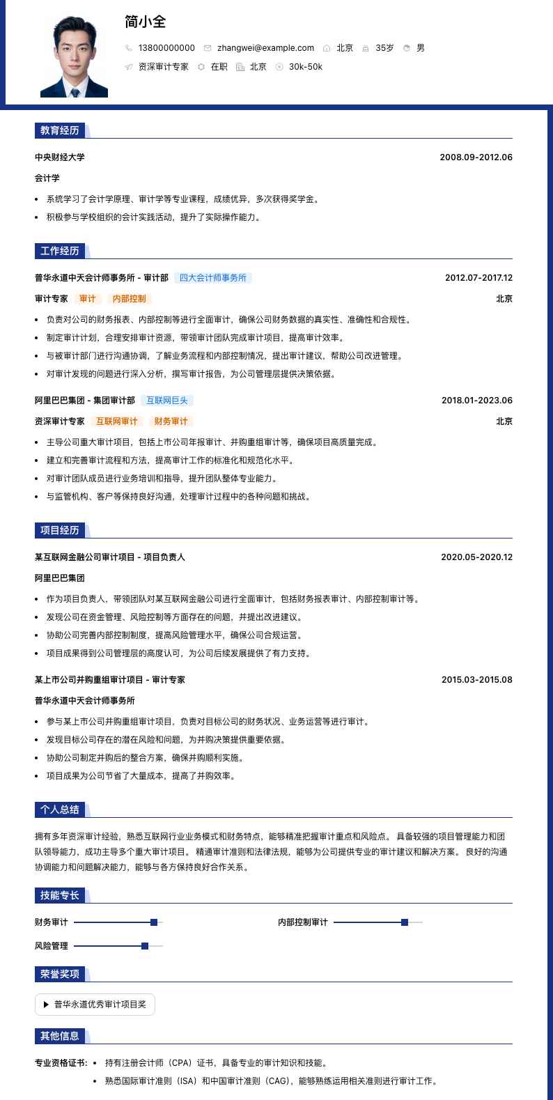 资深审计专家简历模板