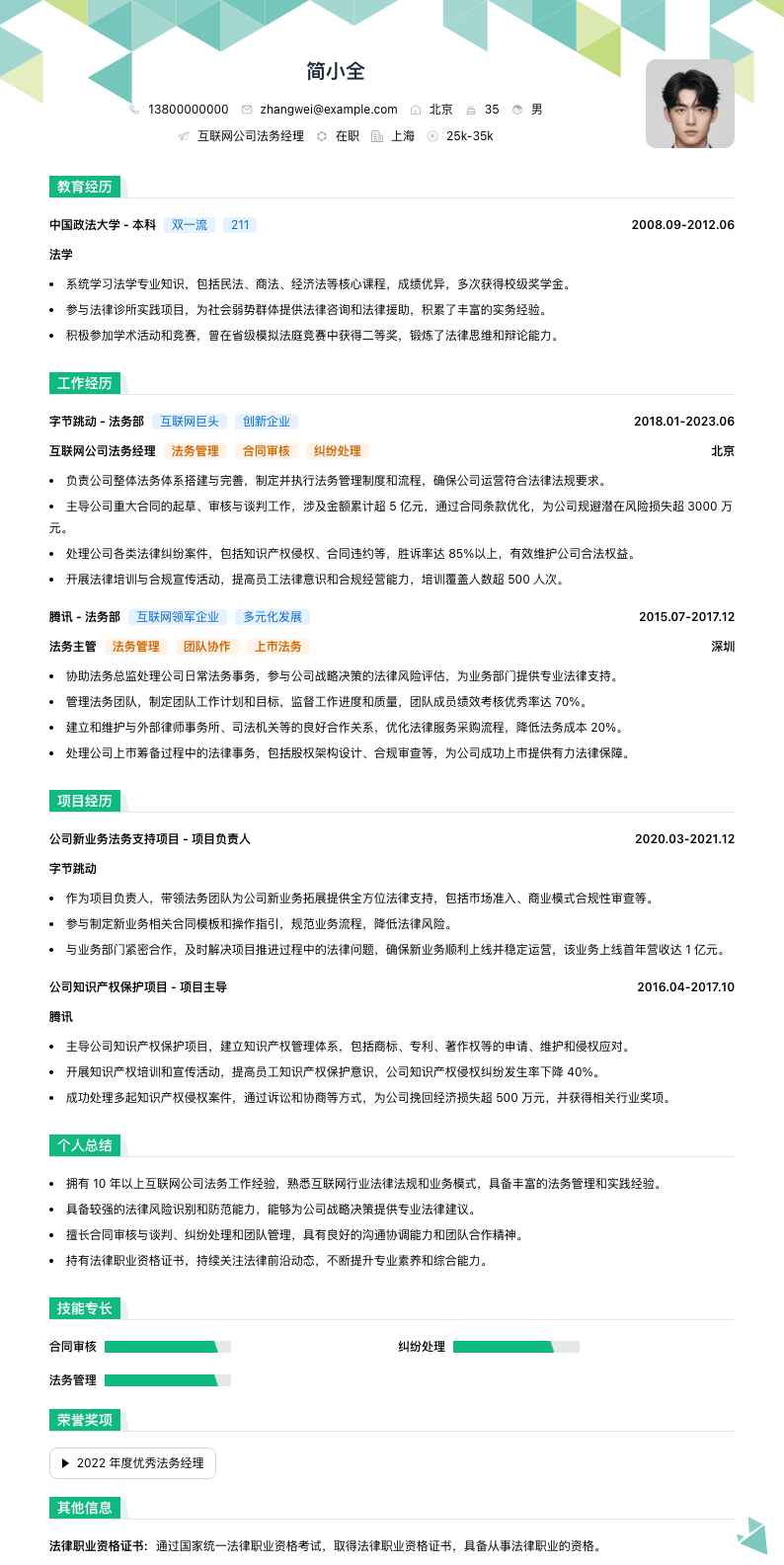 互联网公司法务经理简历模板