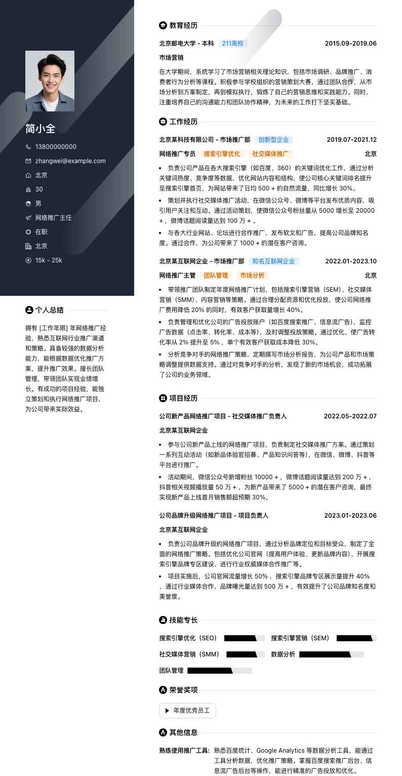 网络推广主任简历模板