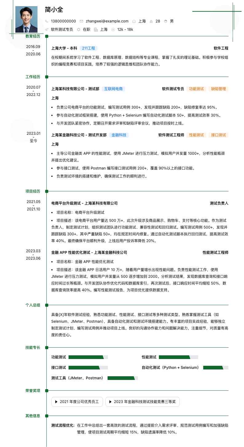 软件测试专员简历模板