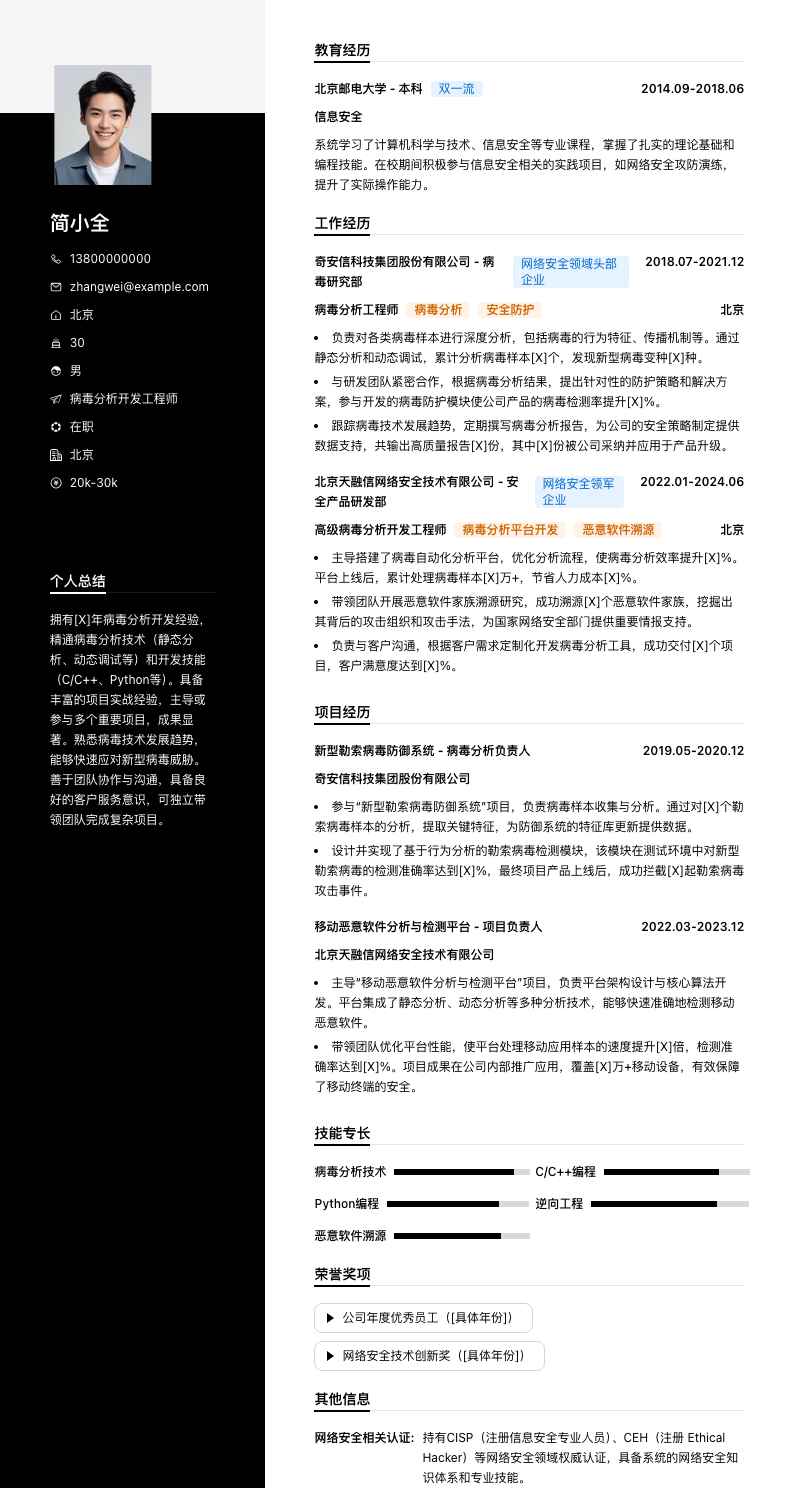 病毒分析简历模板