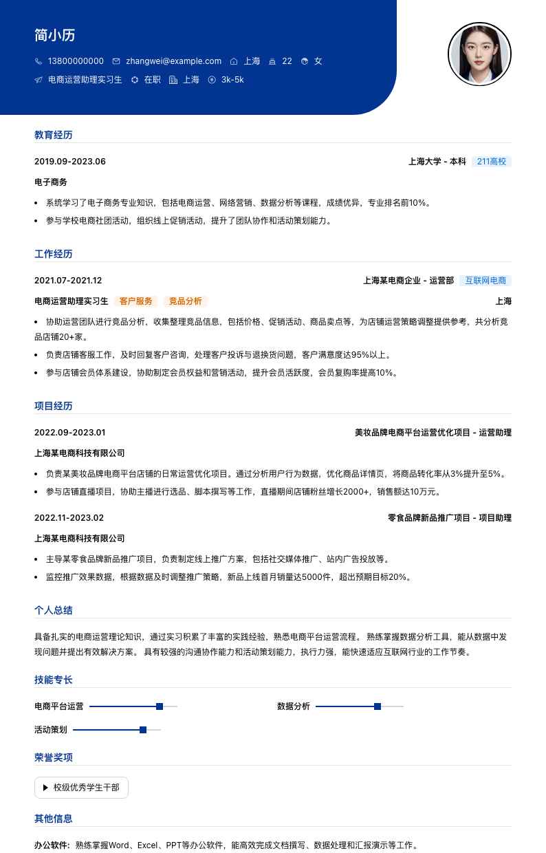 电商运营助理实习生简历模板