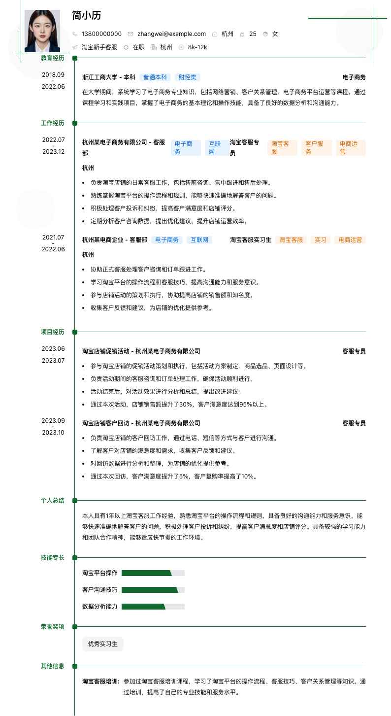淘宝新手客服简历模板