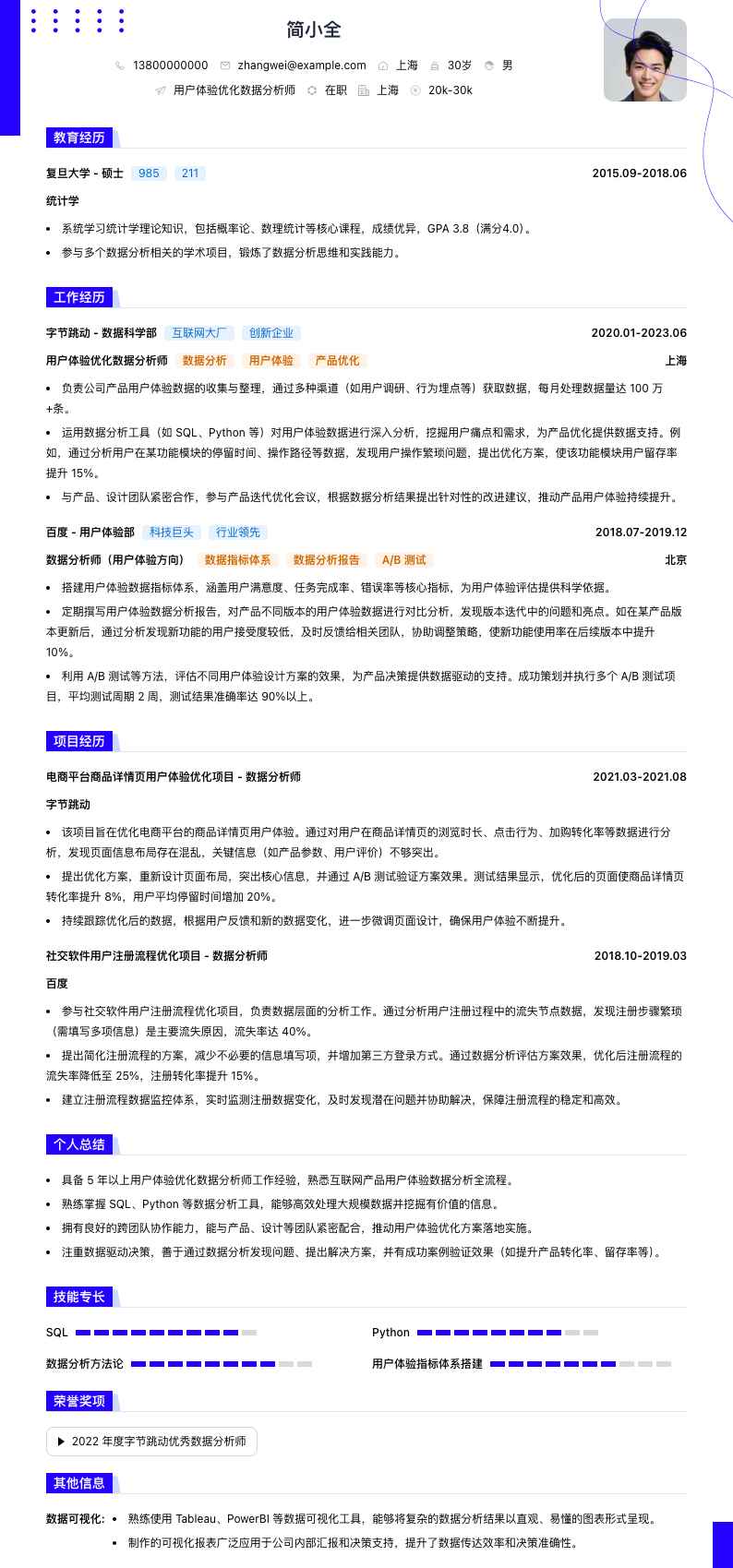 用户体验优化数据分析师简历模板