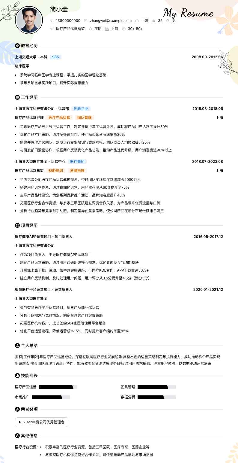 医疗产品运营总监简历模板