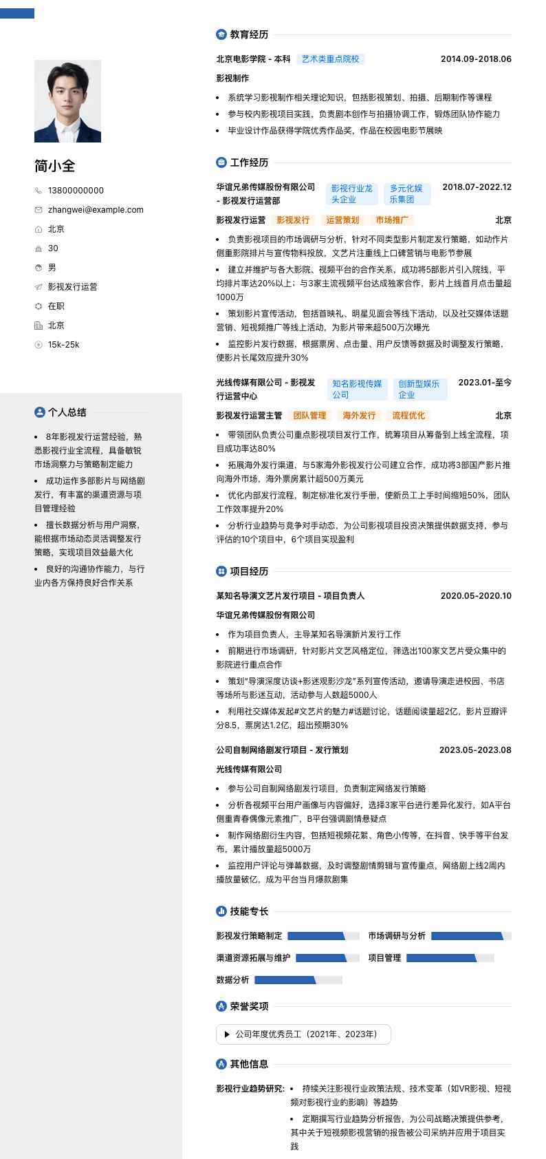 影视发行运营简历模板