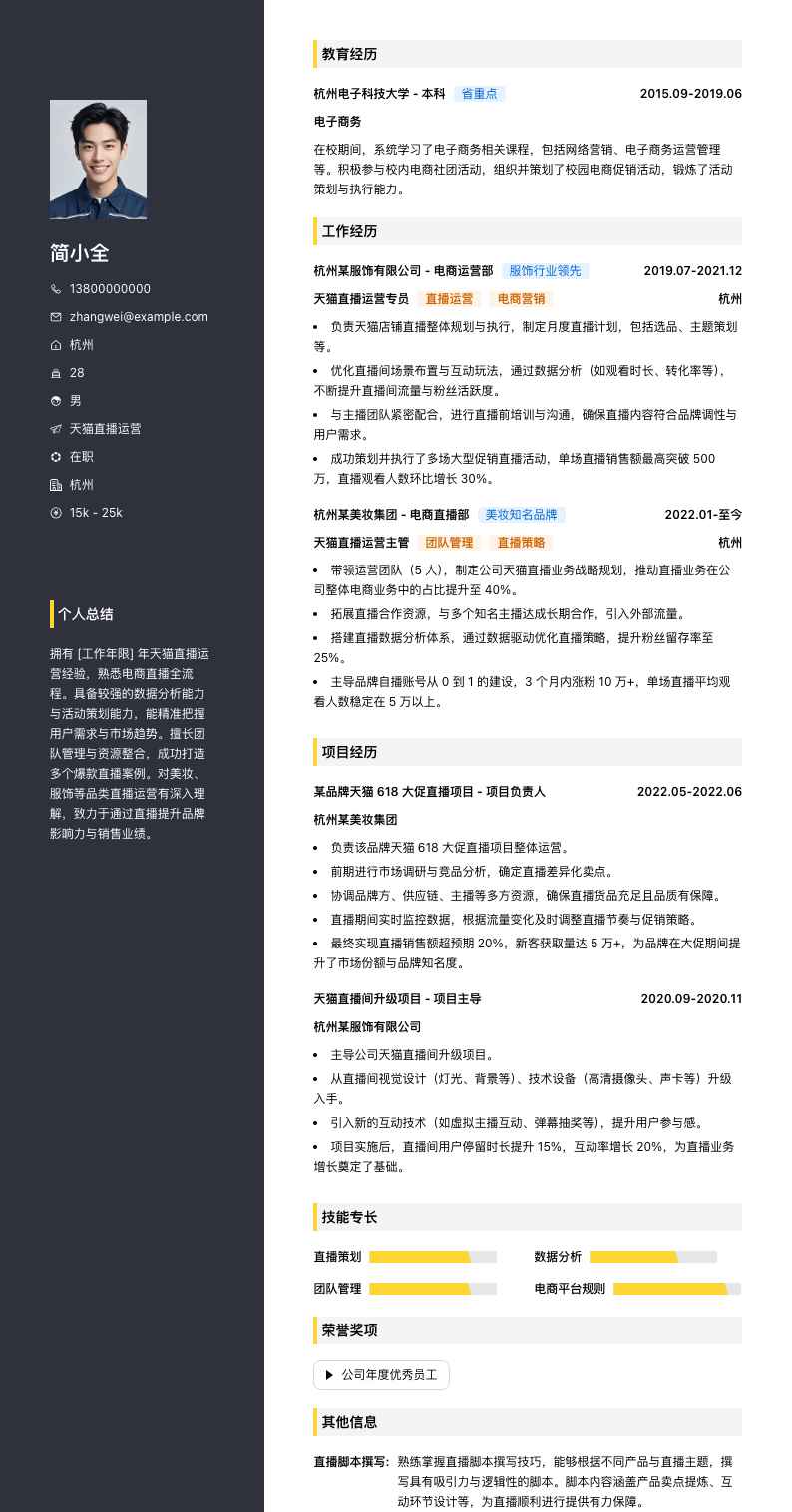 天猫直播运营简历模板