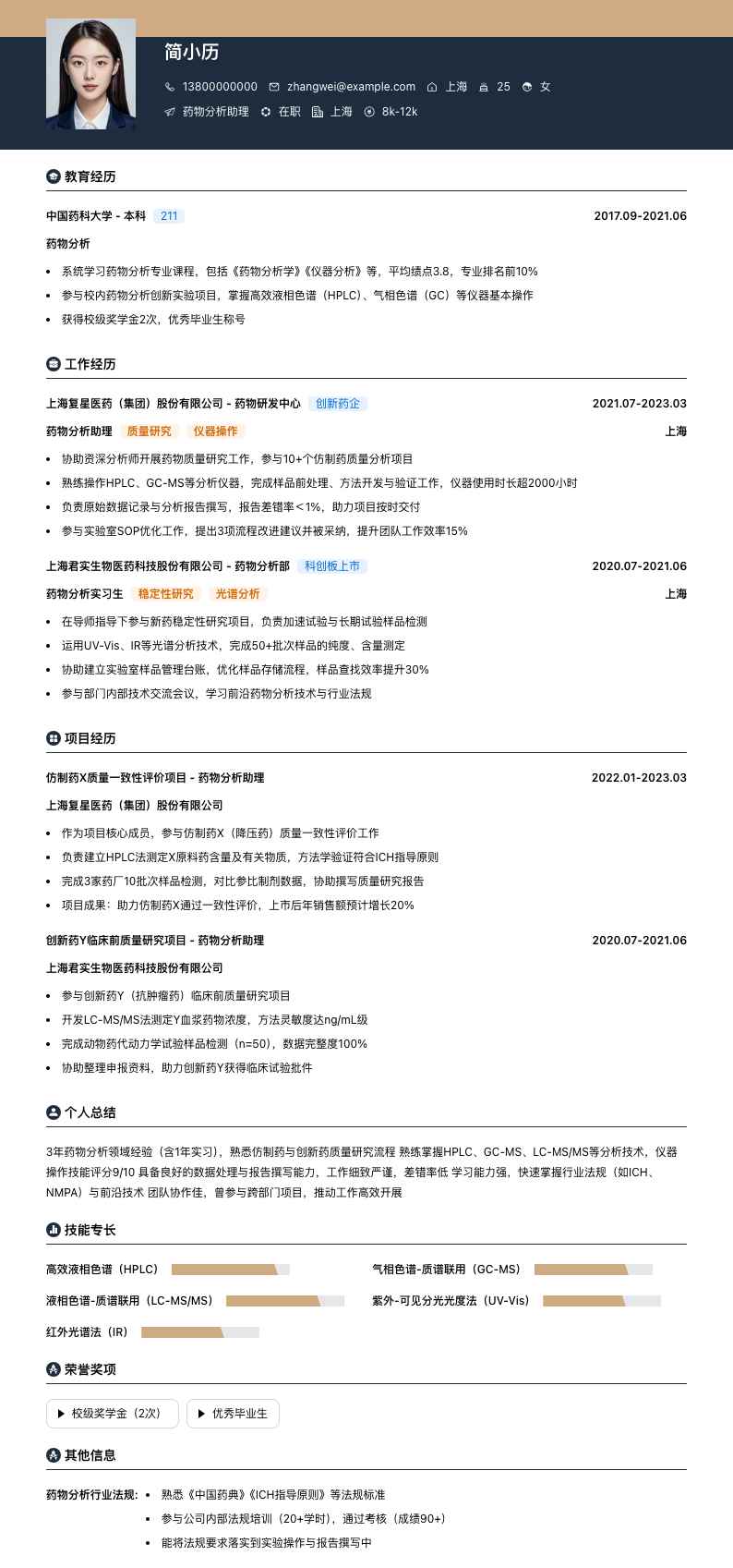 药物分析助理简历模板