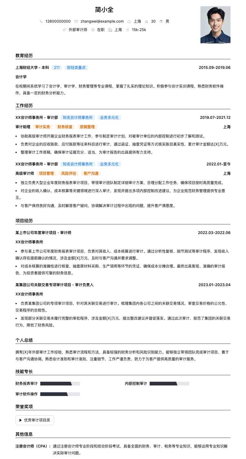 外部审计师简历模板