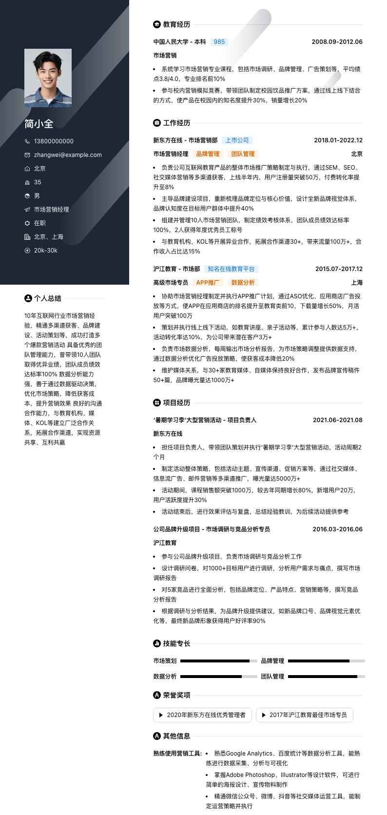 市场营销经理简历模板