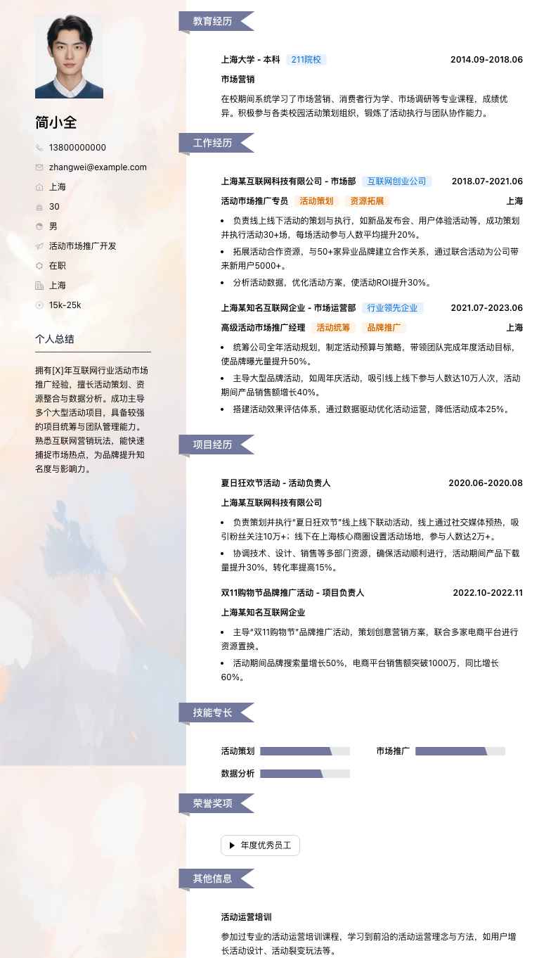 活动市场推广简历模板