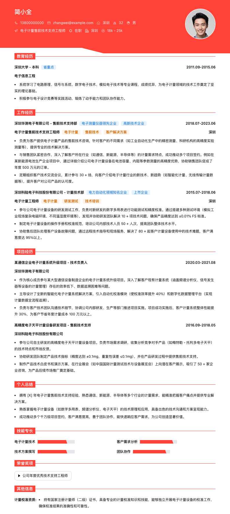 电子计量售前技术支持工程师简历模板