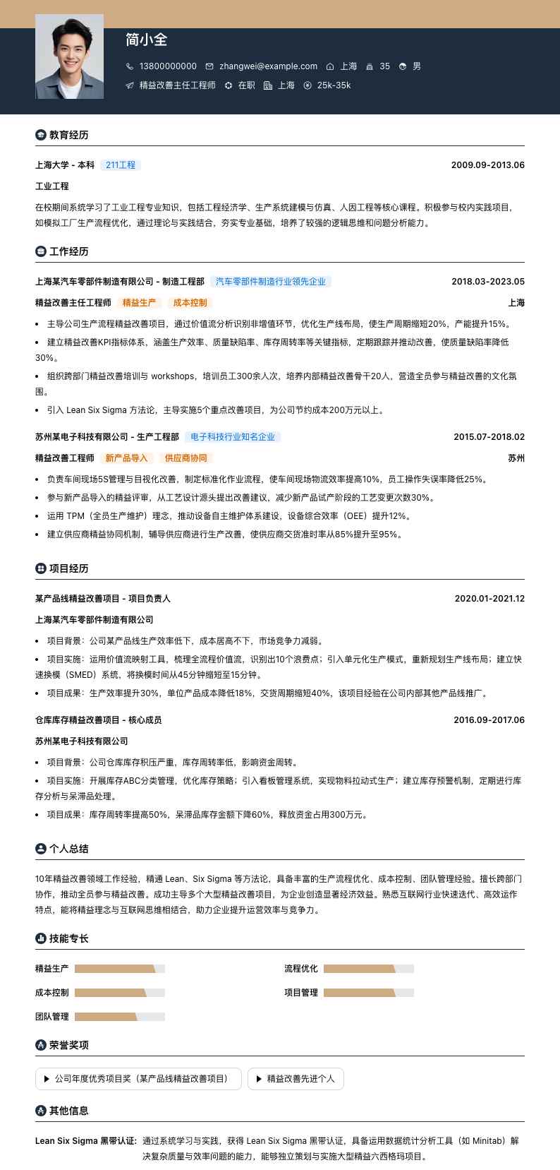 精益改善主任工程师简历模板