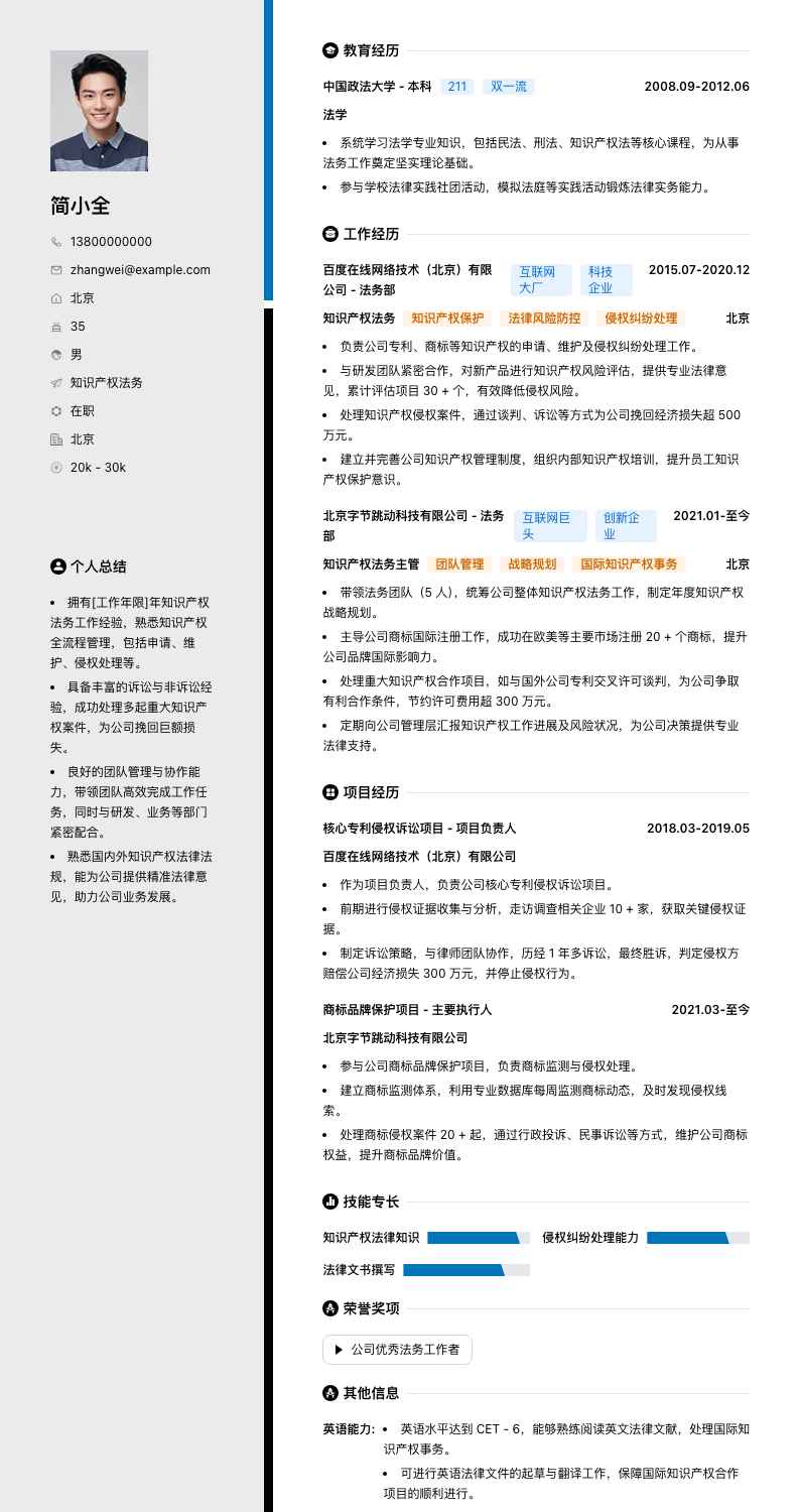 知识产权法务简历模板