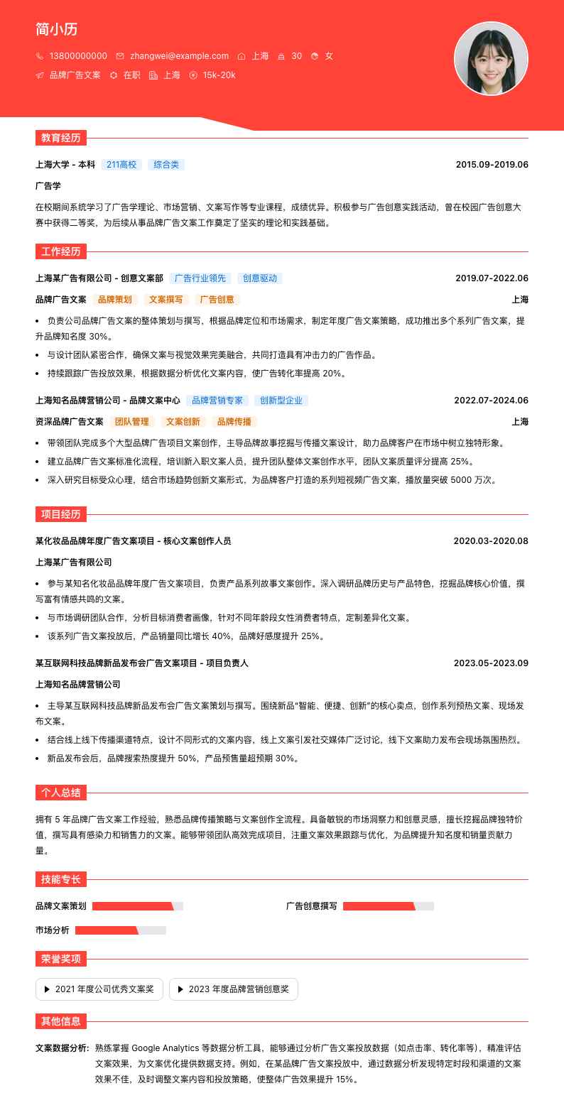 品牌广告文案简历模板