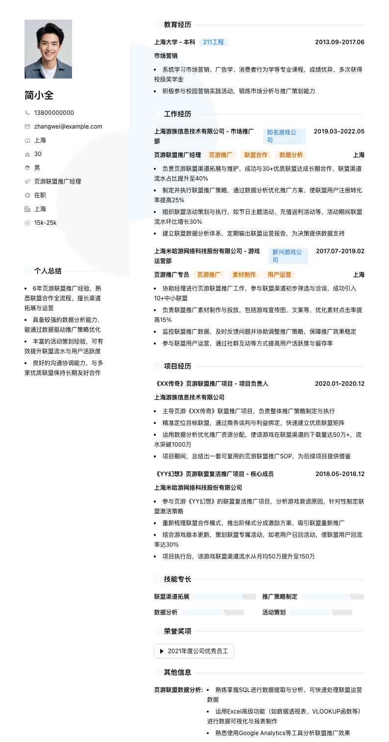 页游联盟推广经理简历模板