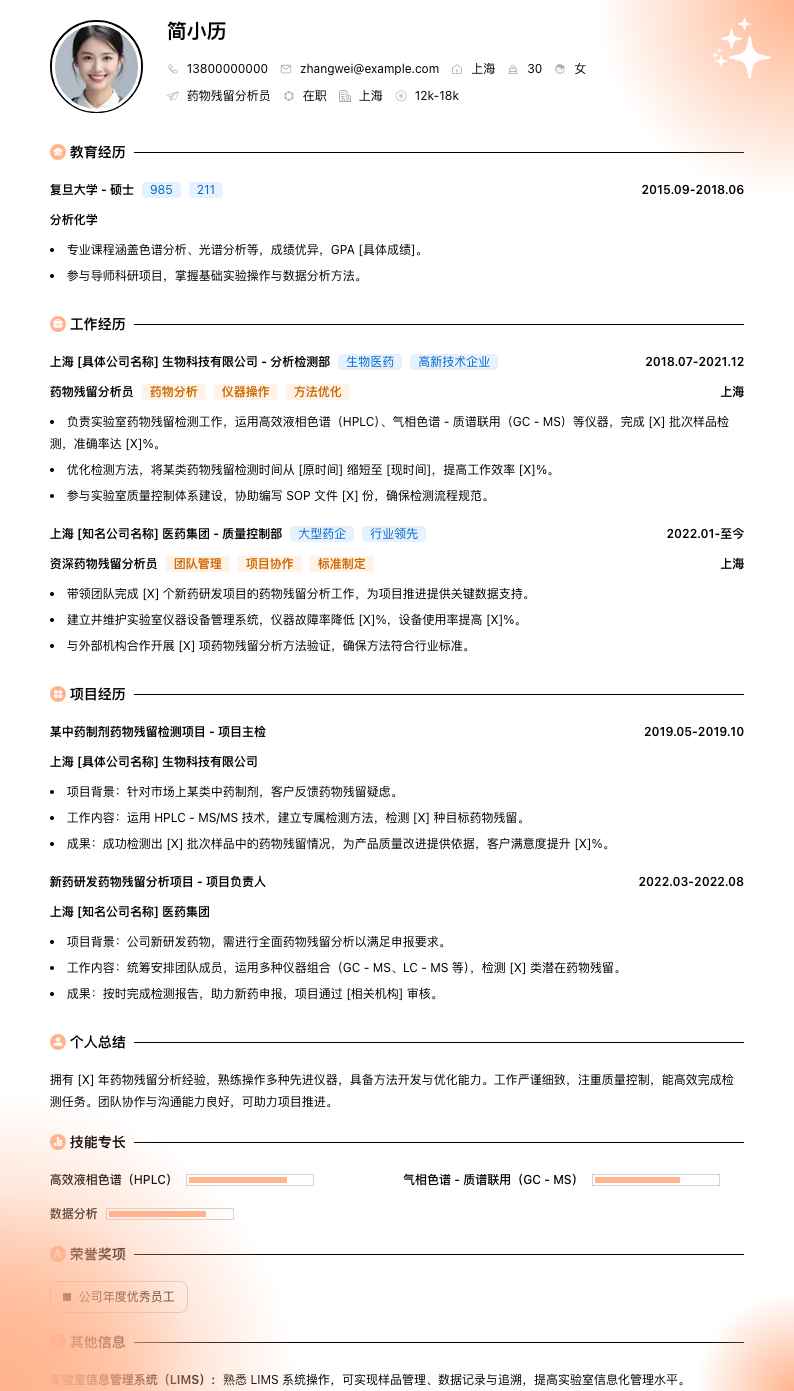 药物残留分析员简历模板