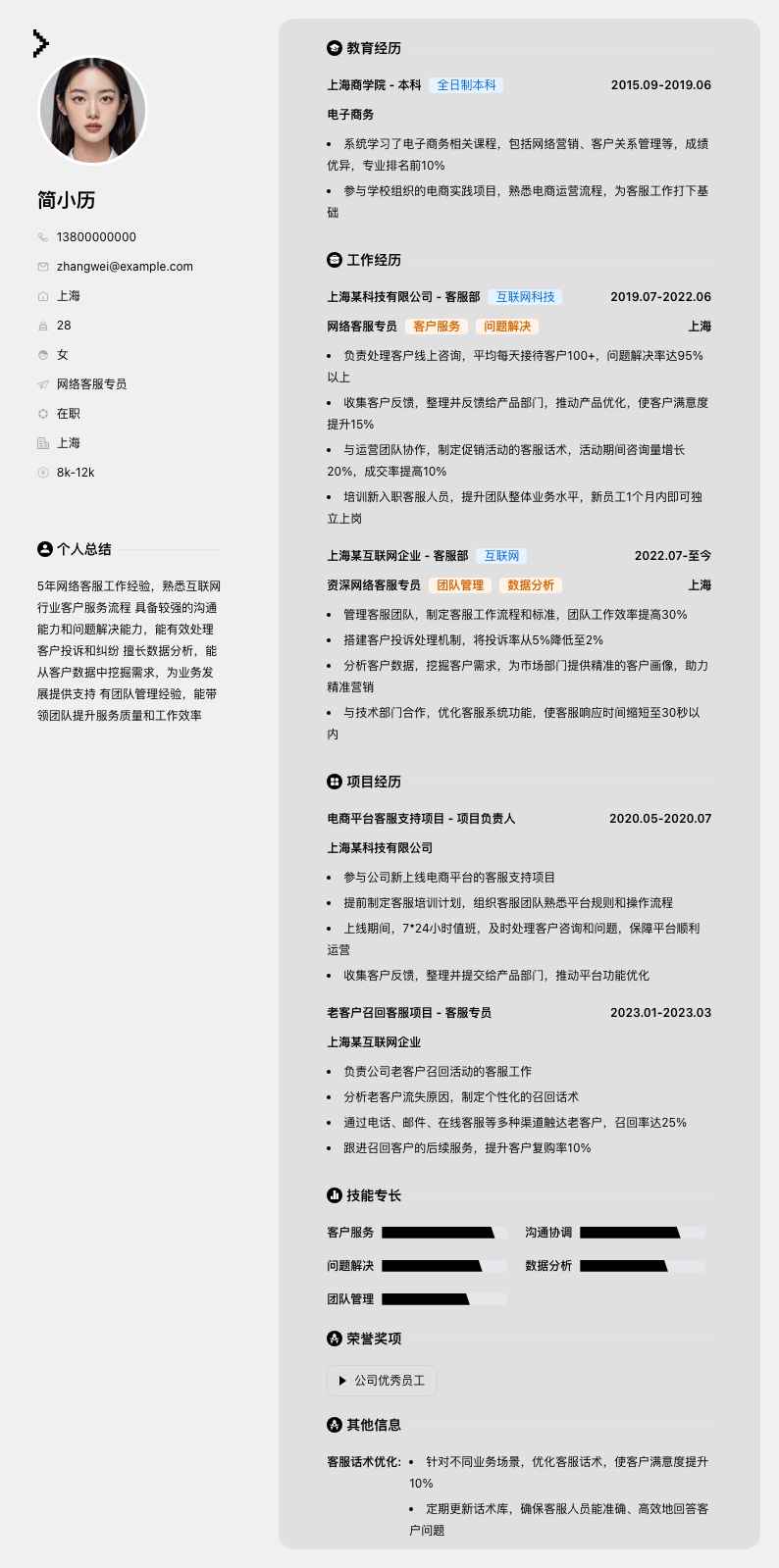 网络客服专员简历模板