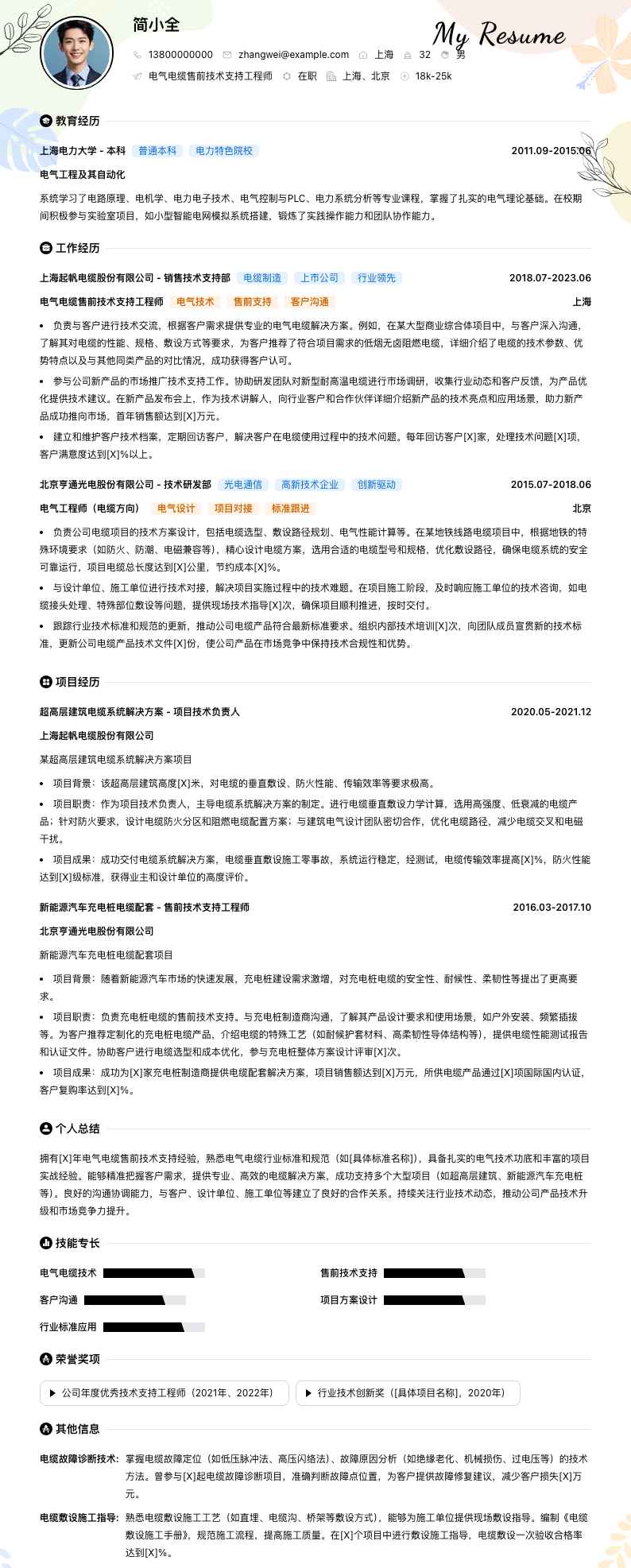 电气电缆售前技术支持工程师简历模板