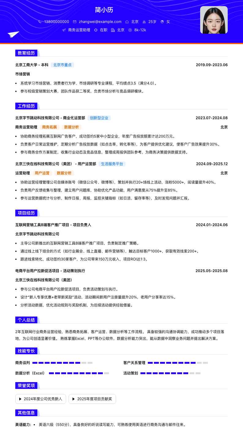 商务运营助理简历模板