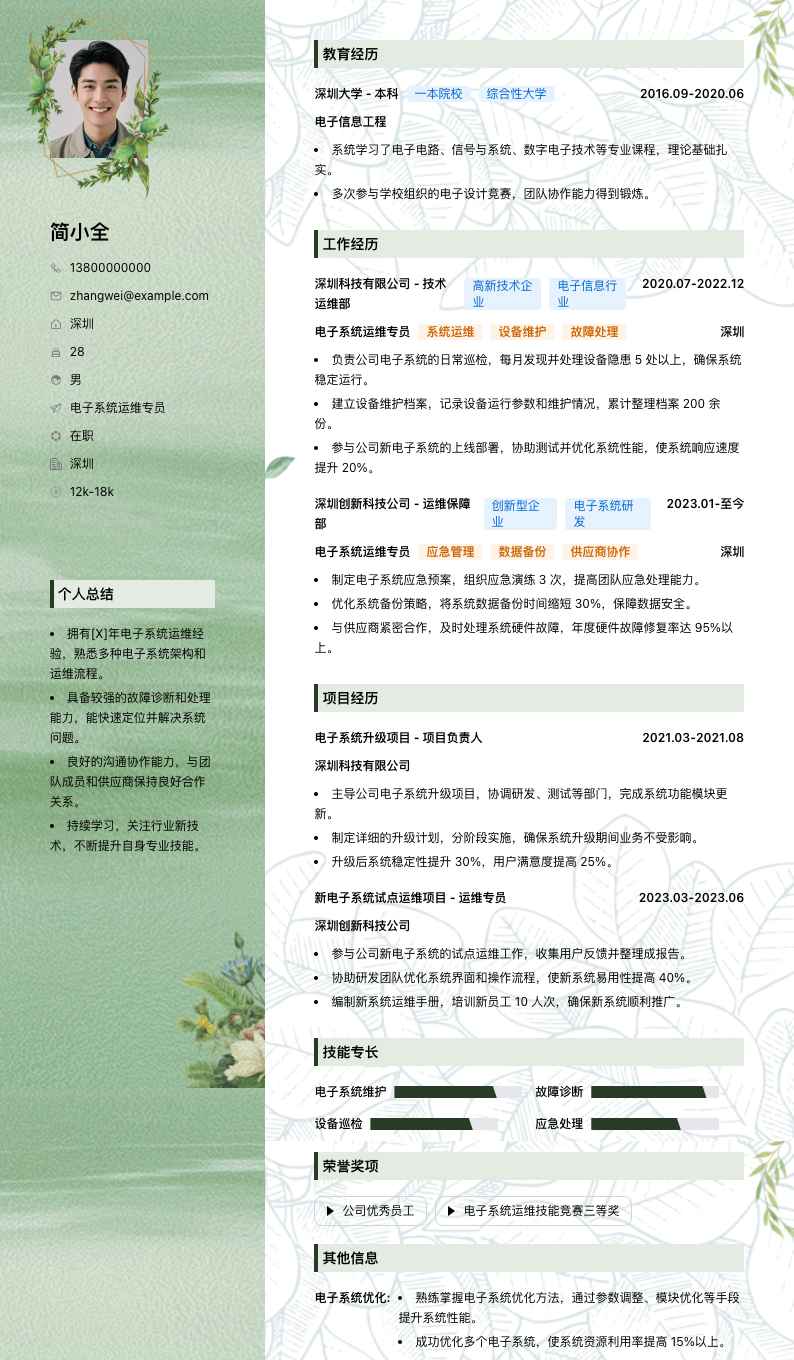 电子系统运维专员简历模板