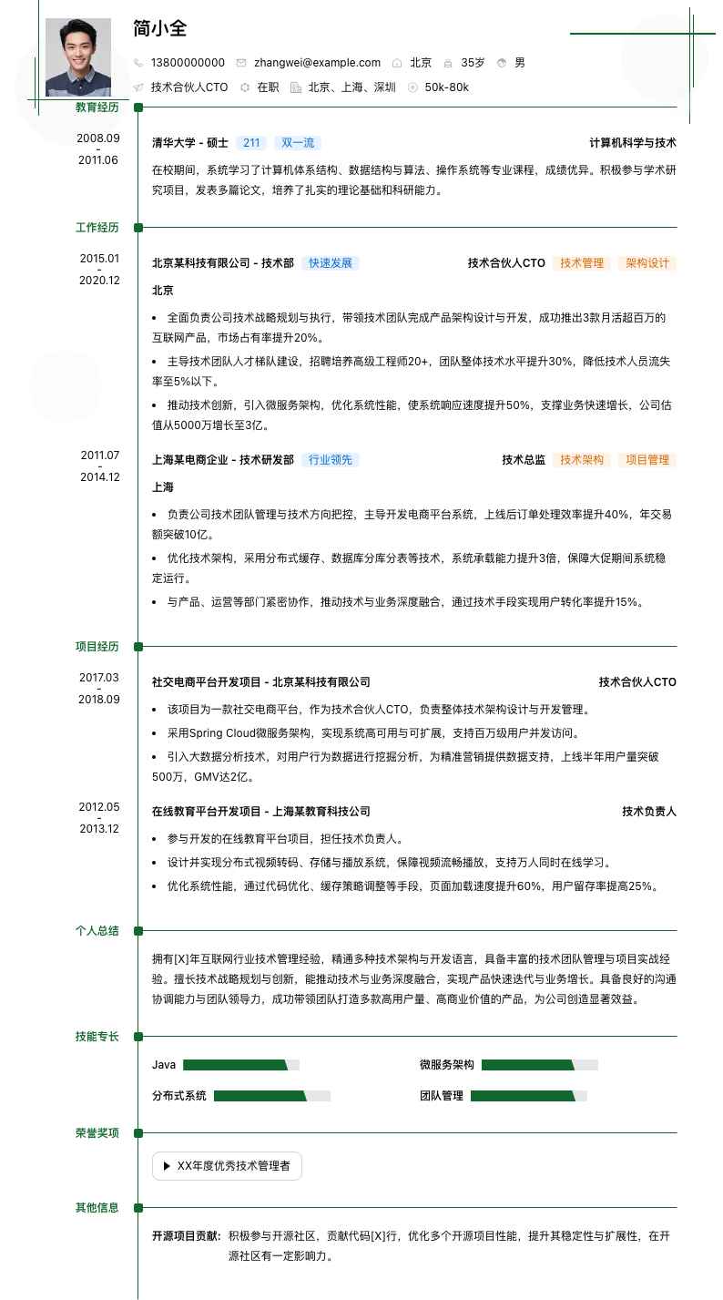 技术合伙人cto简历模板