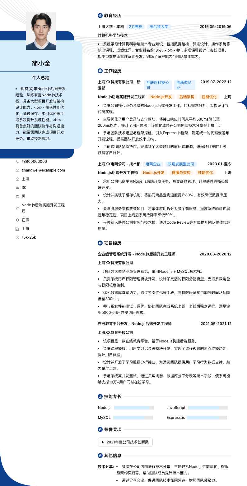 Node.js后端实施开发工程师简历模板