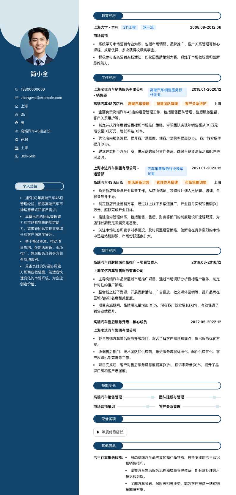 高端汽车4S店店长简历模板