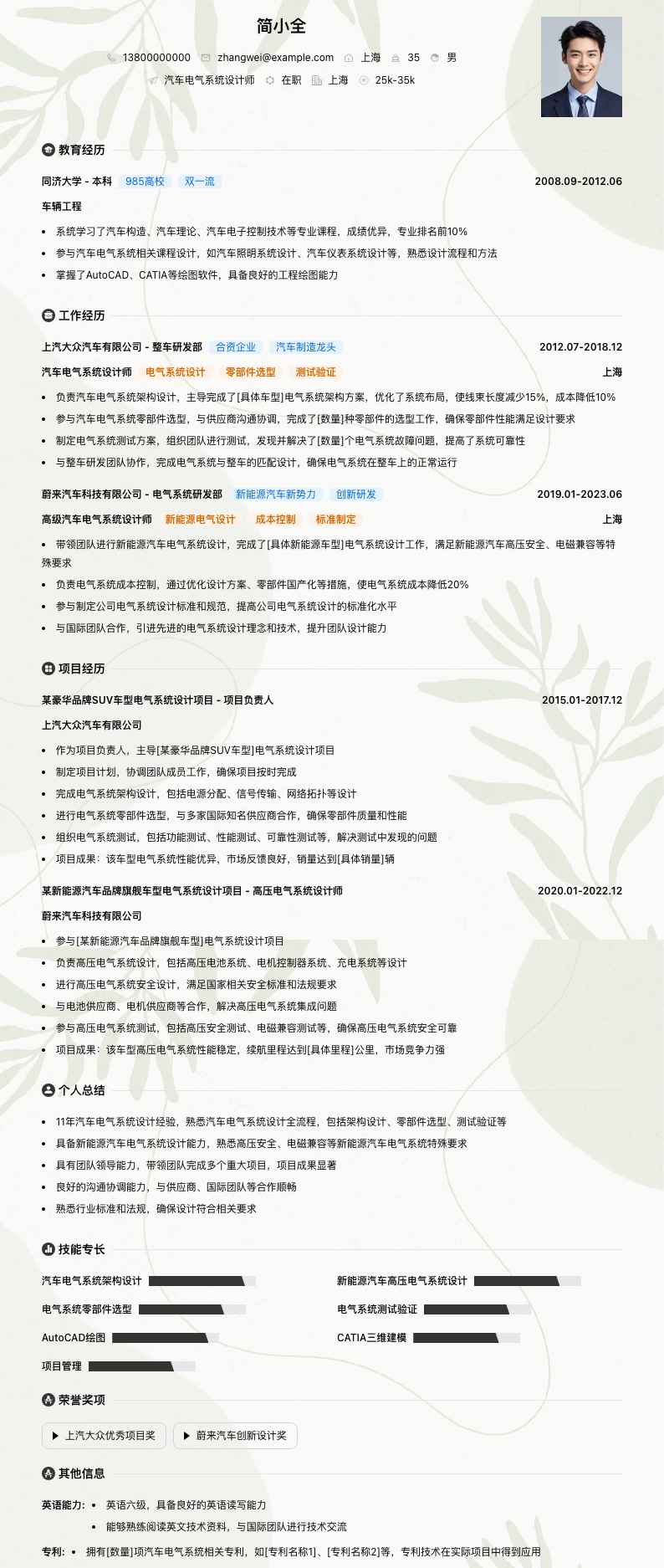 汽车电气系统设计师简历模板