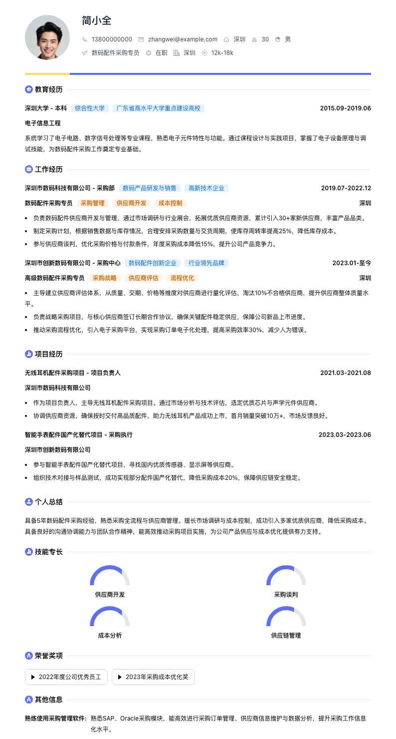 数码配件采购专员简历模板