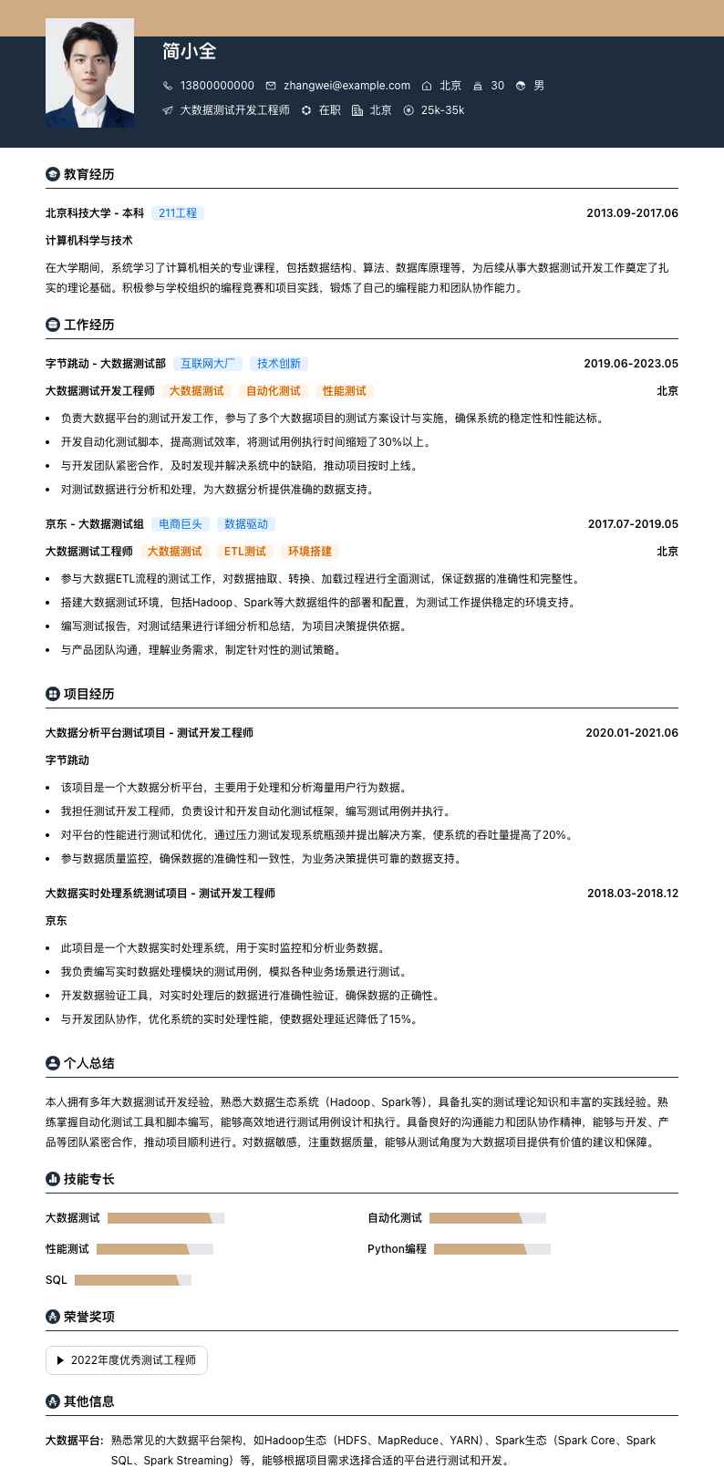 大数据测试开发工程师简历模板