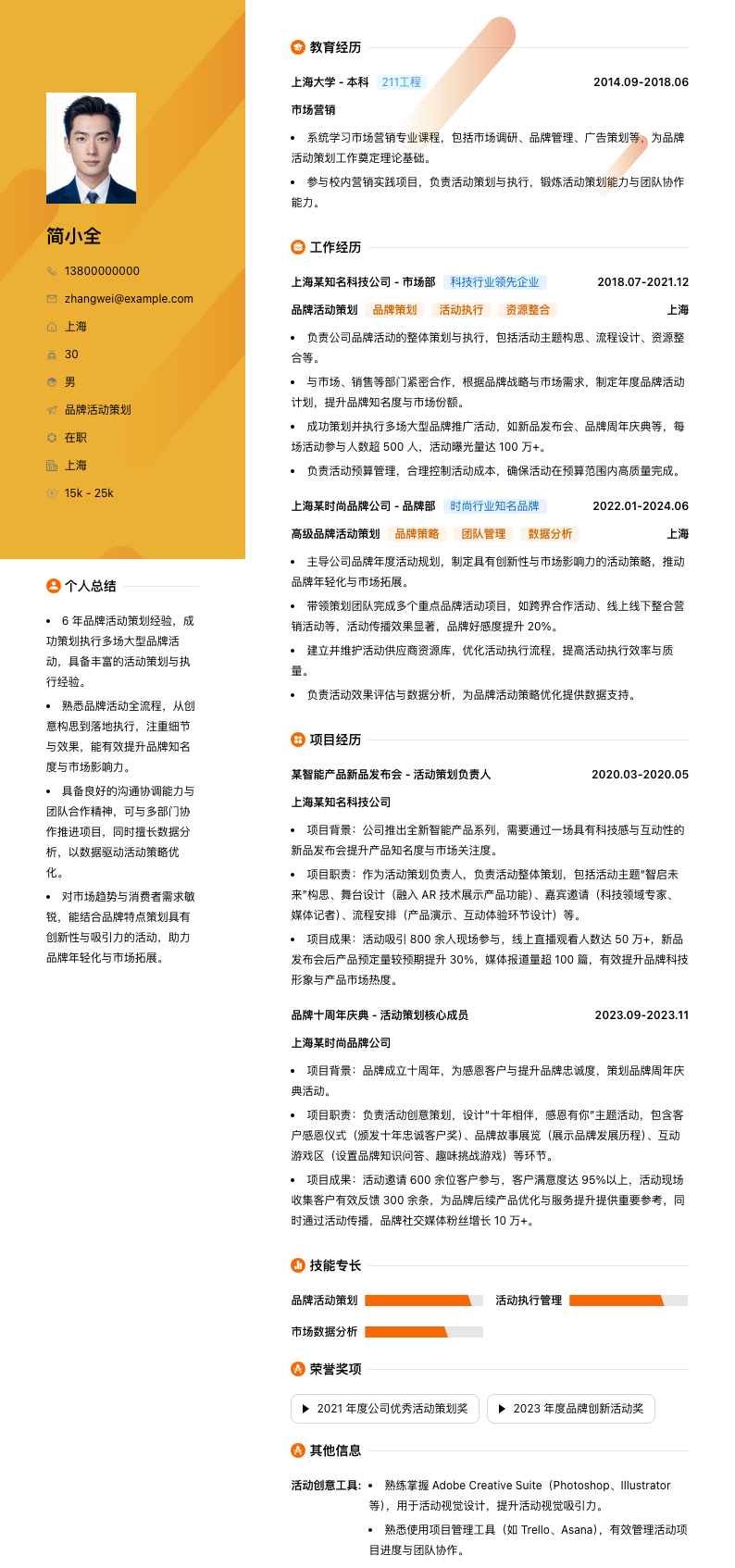 品牌活动策划简历模板