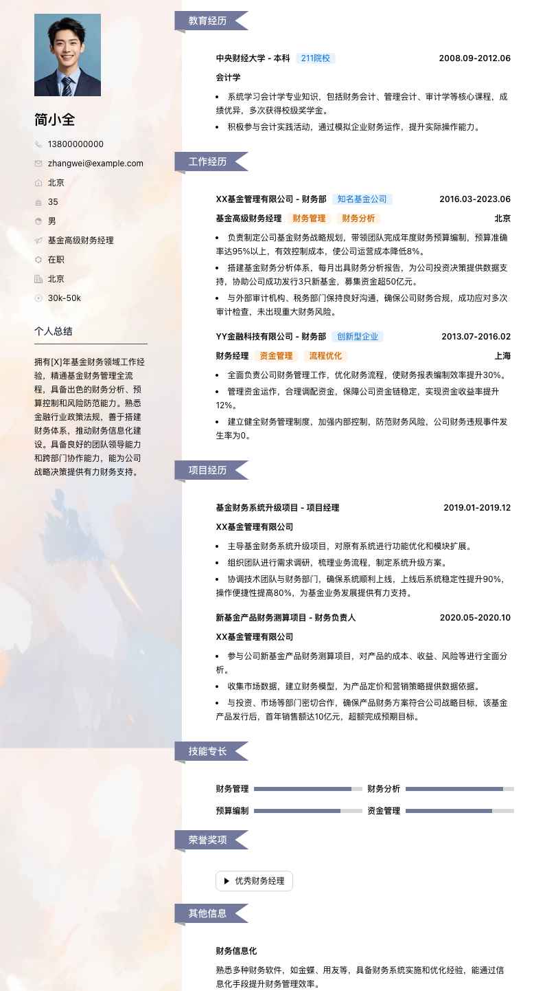 基金高级财务经理简历模板
