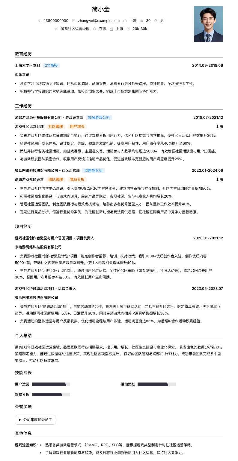 游戏社区运营经理简历模板