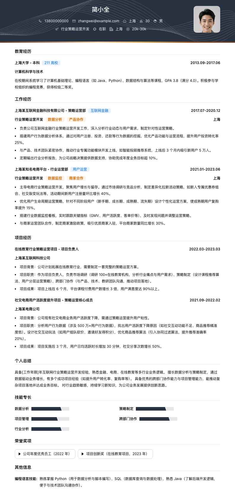 行业策略运营简历模板