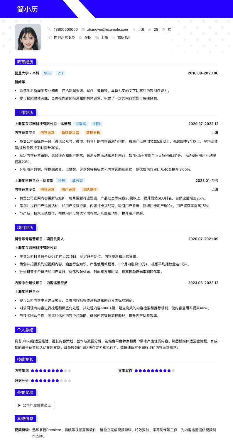 内容运营专员简历模板