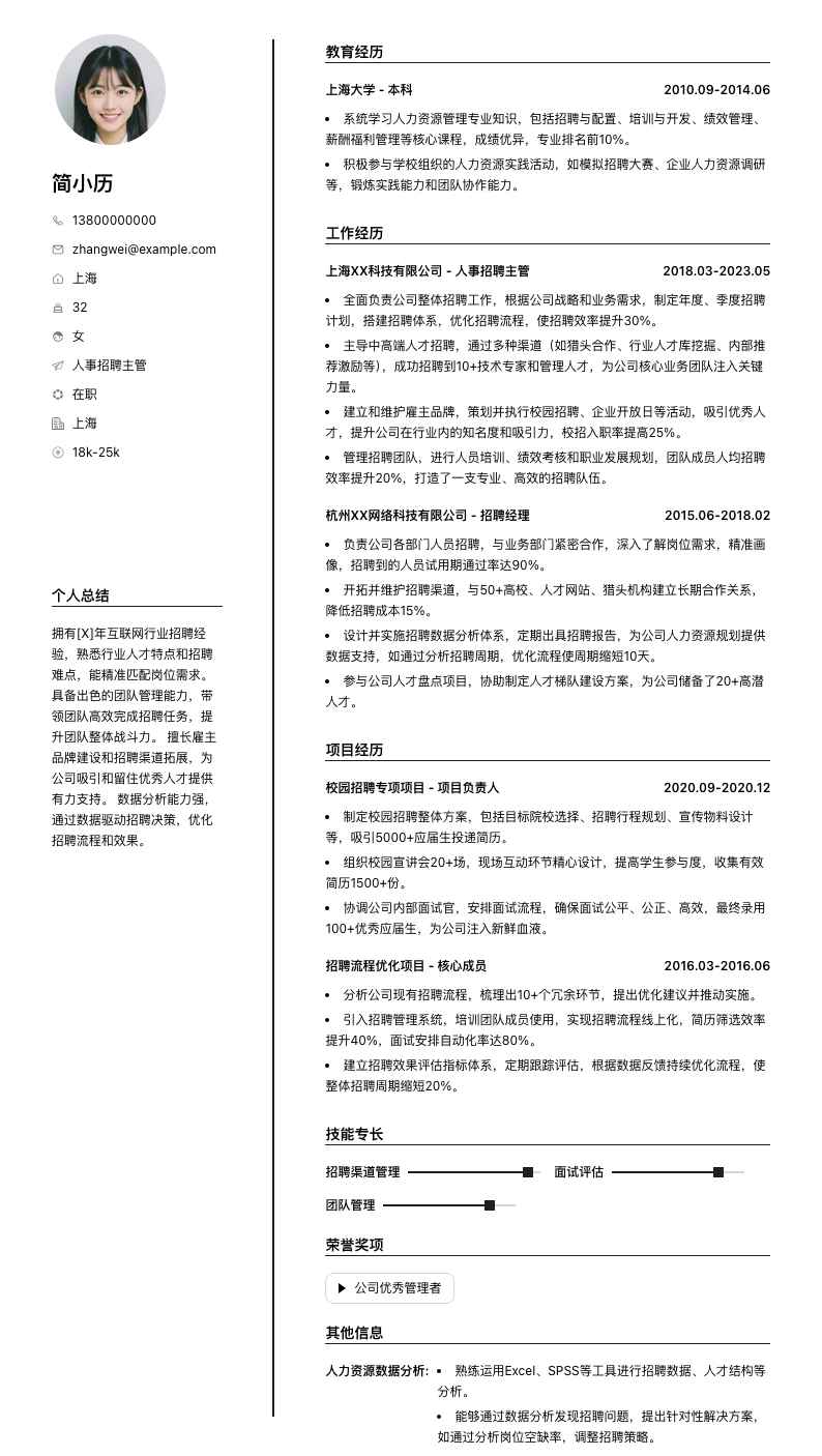 人事招聘主管简历模板