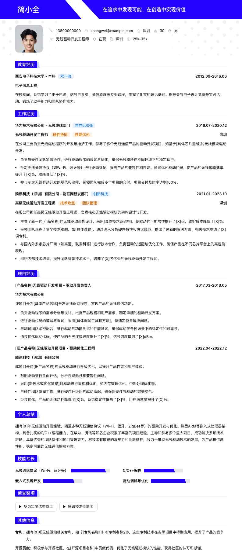 无线驱动开发工程师简历模板