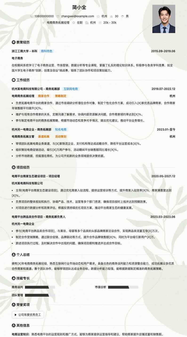 电商商务拓展经理简历模板