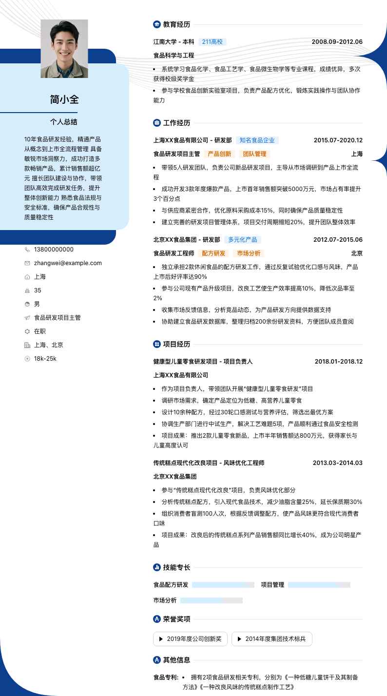 食品研发项目主管简历模板