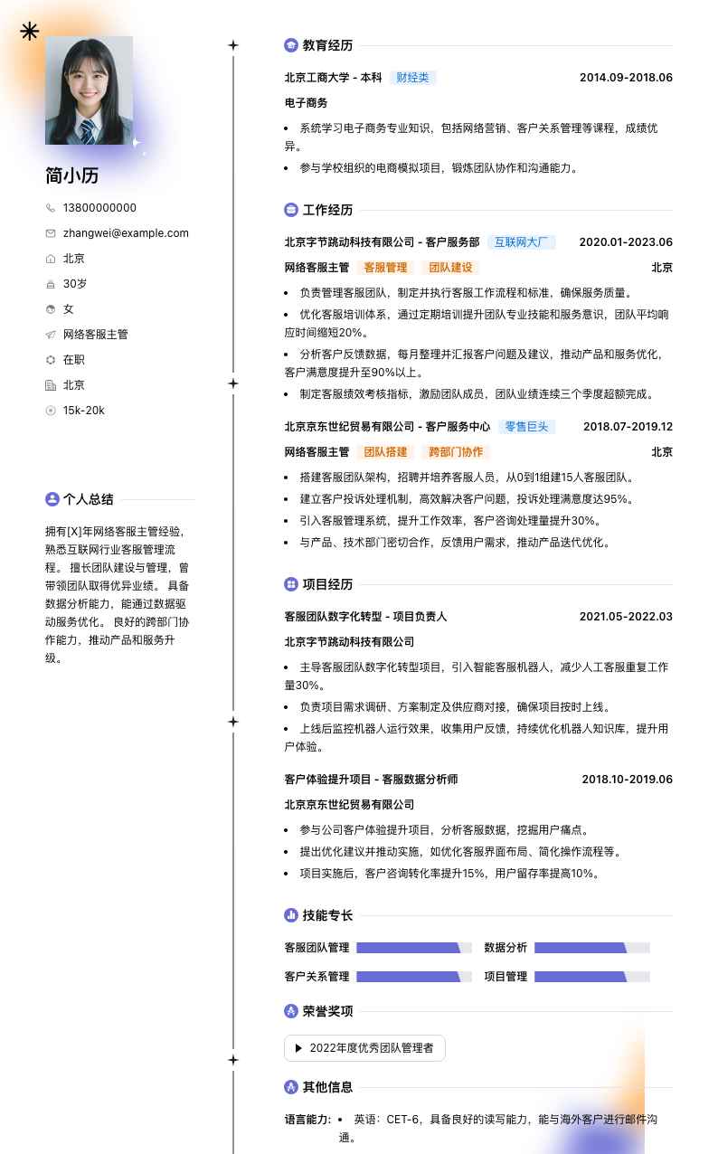 网络客服主管简历模板