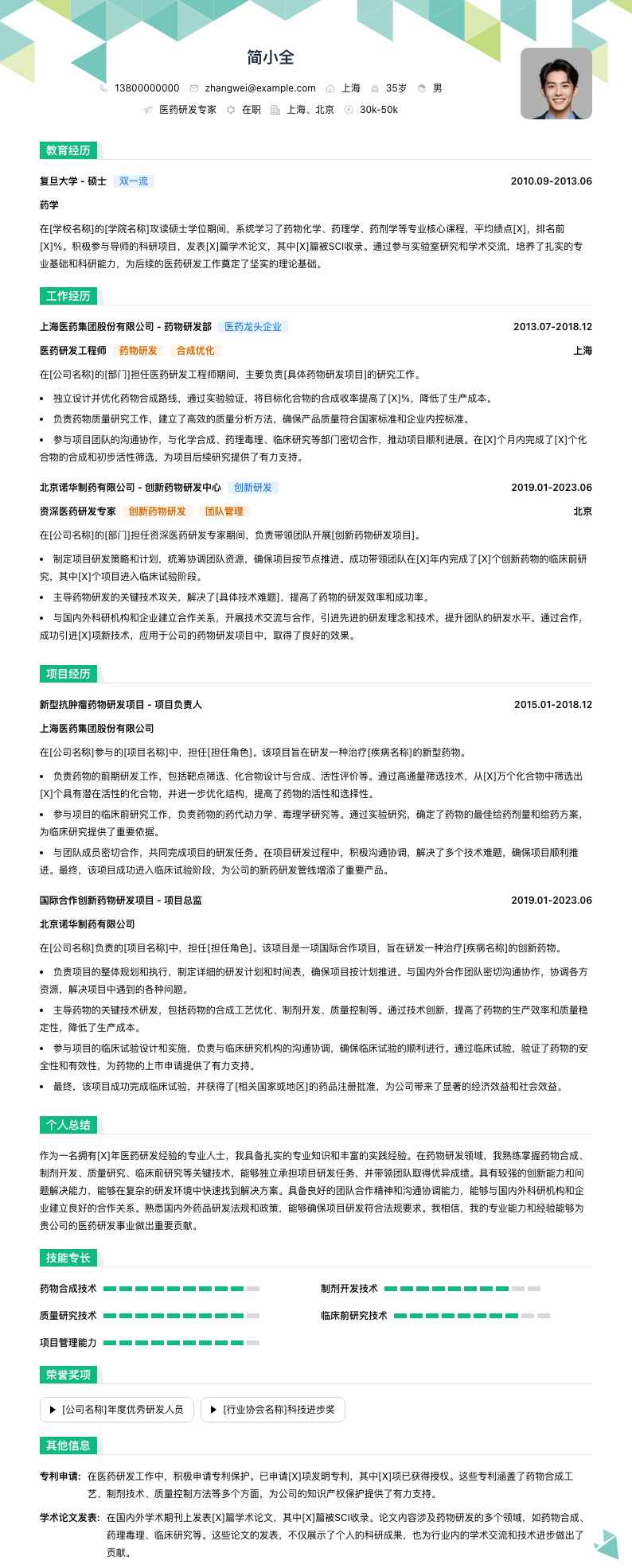 医药研发专家简历模板