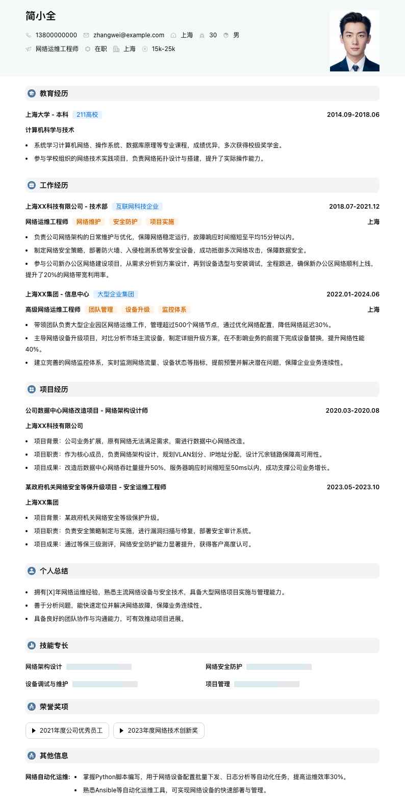 网络运维工程师简历模板